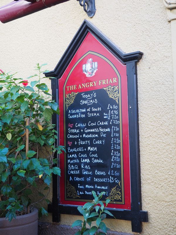 Menu at the Angry Friar pub