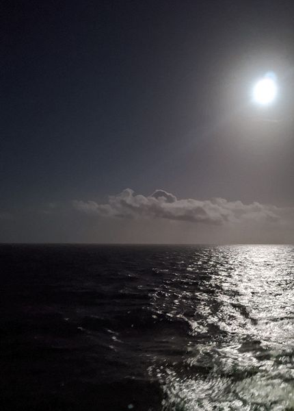 The moon is shining on the water