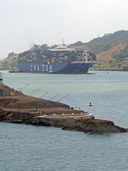 A huge cargo ship waiting for the one-way ship traffic to change directions