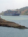 A huge cargo ship waiting for the one-way ship traffic to change directions