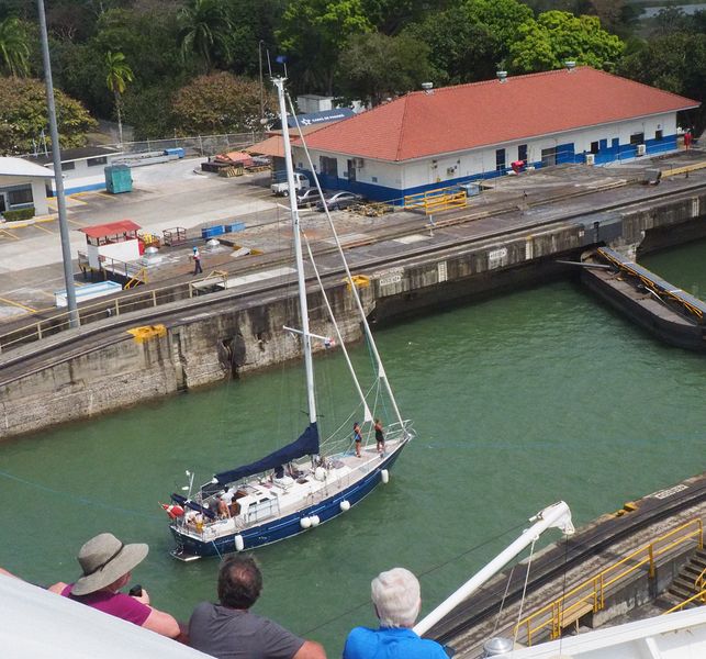 A sailboat goes through the locks next to us