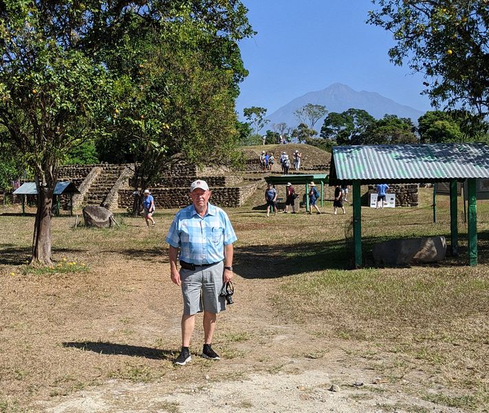 Pete with Izapa ruins and Tacana volcano in the background