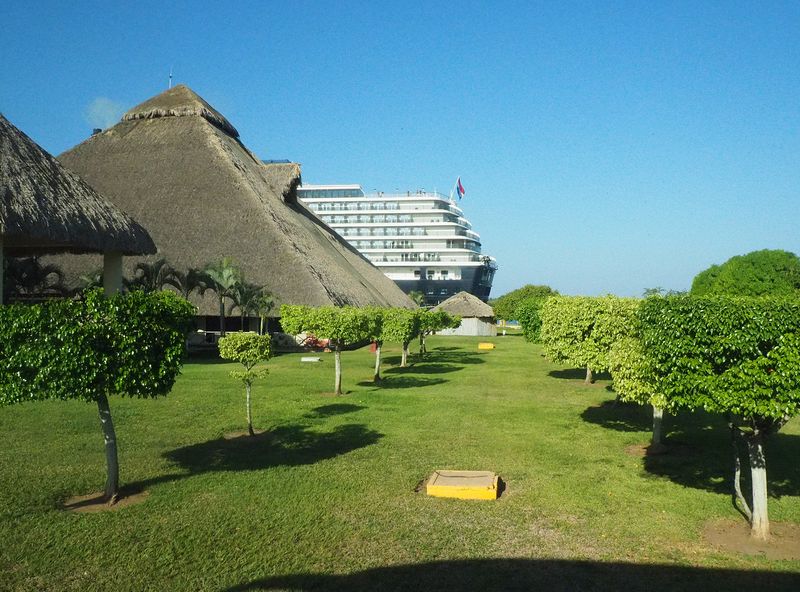 The visitor's center is a large, thatched pyramid