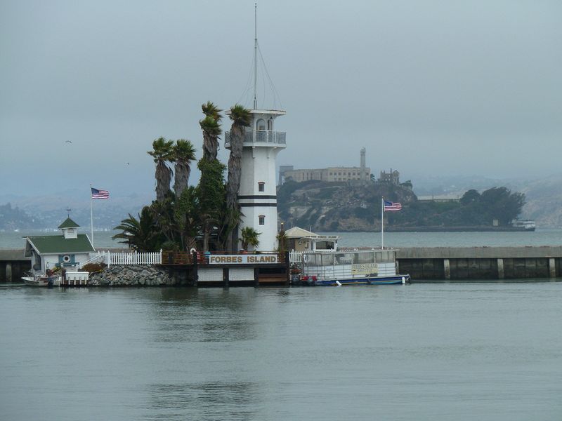 Forbes Island restaurant with Alcatraz in the background