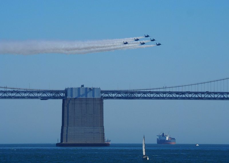 Blue Angels fly low over the Bay Bridge