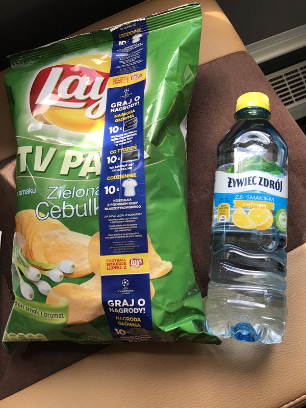 Onion flavored chips and lemon flavored water for the road